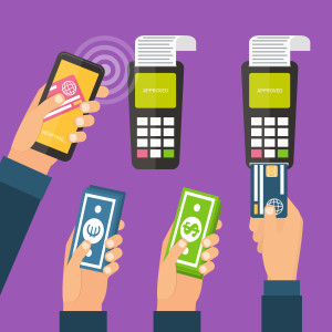 Mobile payments using smartphone, terminal and credit card, cash and near field communication technology, online banking. Payments methods. Flat design vector.