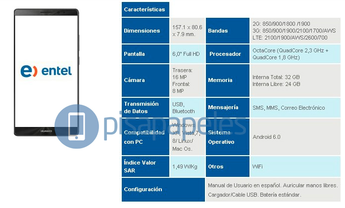 HUAWEI MATE 8 ENTEL PISAPAPELES