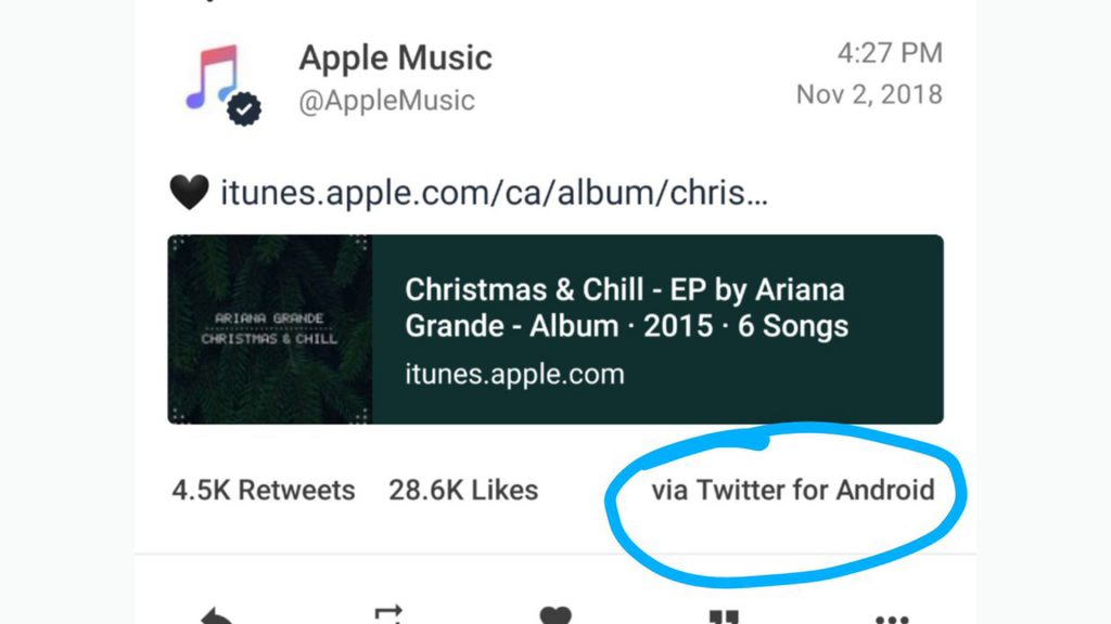 La cuenta de Apple Music en Twitter publica un tweet desde Twitter para Android