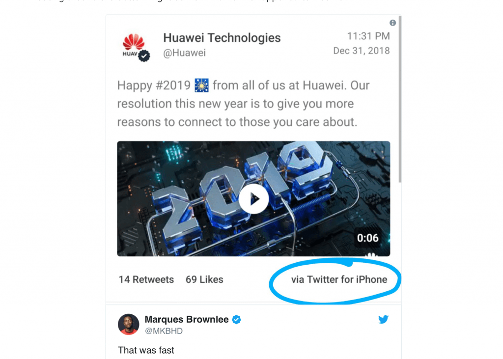 La cuenta oficial de Huawei en Twitter estuvo deseando un feliz Año Nuevo usando Twitter para iPhone