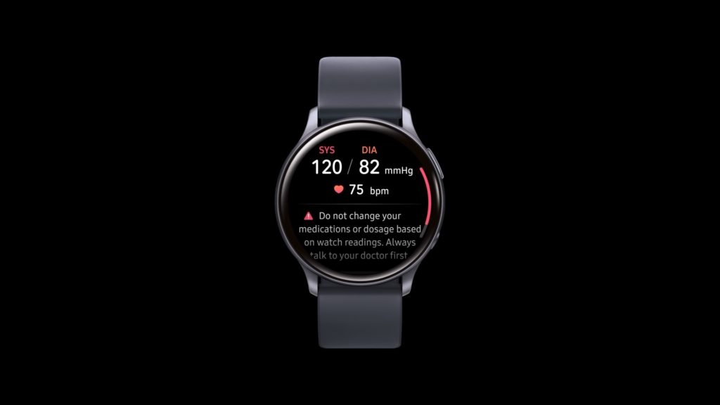 Muestra el reloj Samsung Galaxy Watch Active 2 mostrando datos de la presión arterial obtenidos.