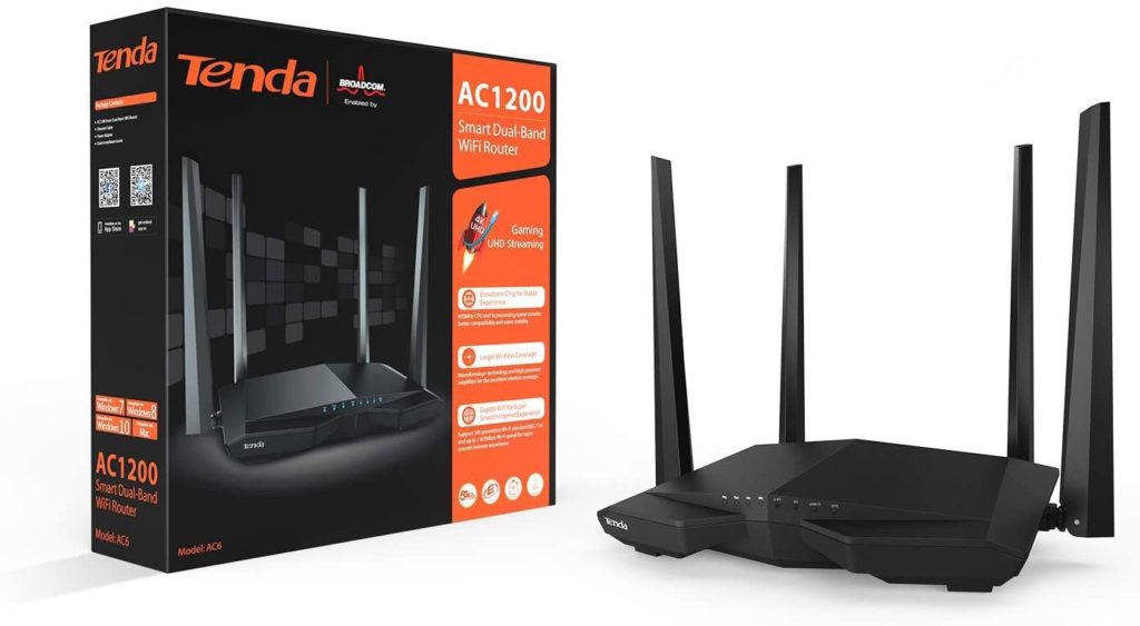 Caja y router donde se muestra la leyenda AC1200, indicando el ancho de banda inalámbrico máximo que es posible entregar