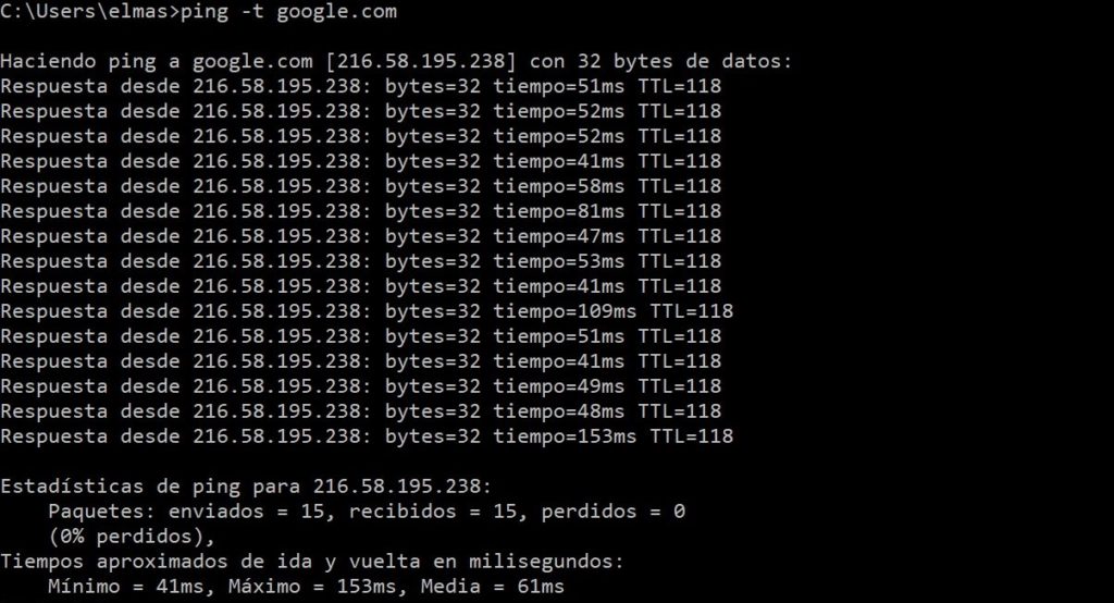 Ping para comprobar la latencia al comunicarnos con Google