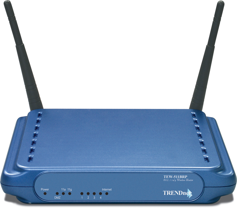 Antiguo router inalámbrico 802.11g de TRENDnet, también compatible con la primera versión de Wi-Fi