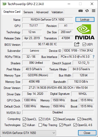 GPU-Z Nvidia Lenovo Ideapad Gaming 3i