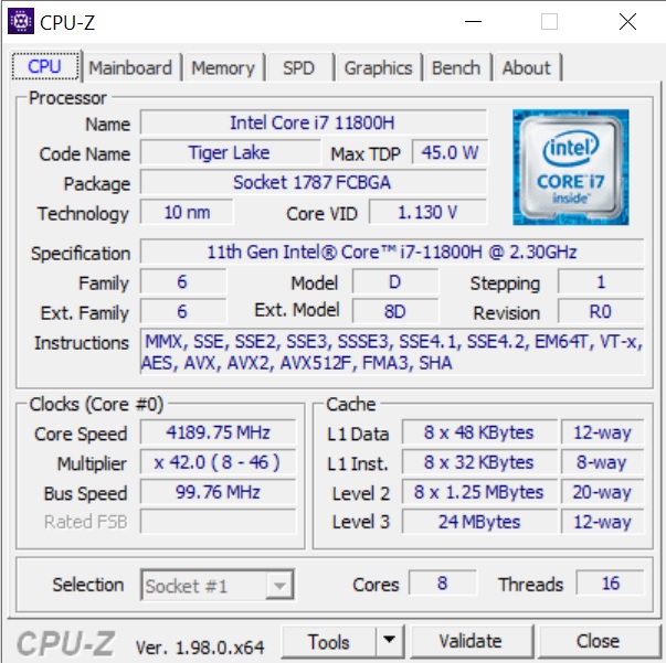 Asus Zephyrus M16 - CPU-Z