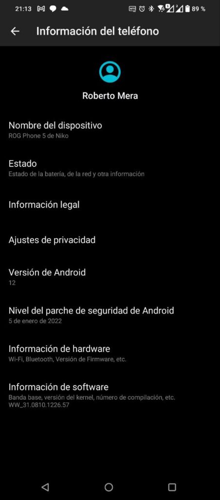 Captura actualización ROG Phone 5 y 5s Android 12