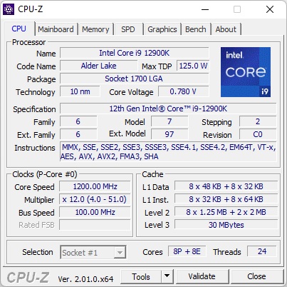 Intel Core i9-12900K - CPU-Z 1