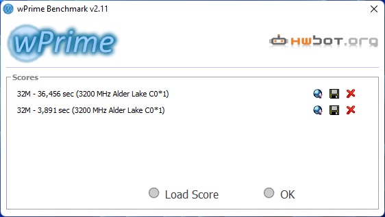 Intel Core i9 12900K - wPrime 32M single y multicore