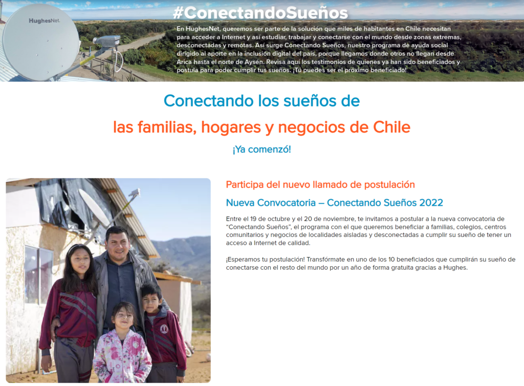 Sitio web de HughesNet con la campaña Conectando Sueños