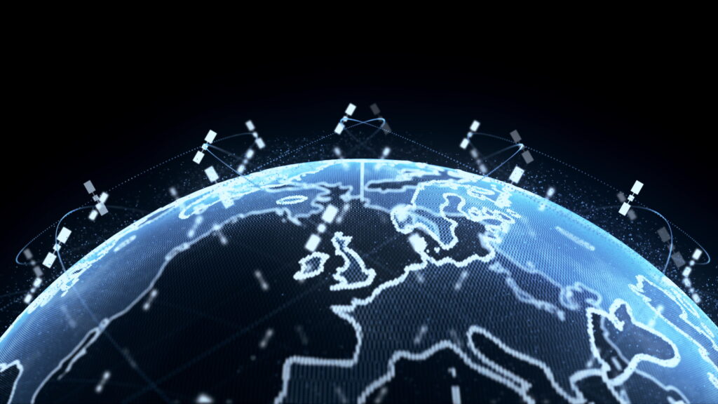 Digital earth data globe - abstract 3D rendering satellites starlink video network connection the world. satellites create oneweb or skybridge surrounding planet conveying complexity big data flood the modern digital age