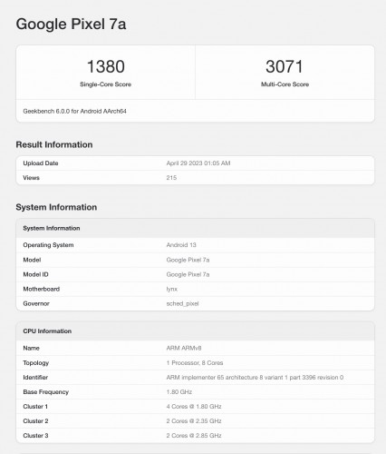 pixel 7a geekbench