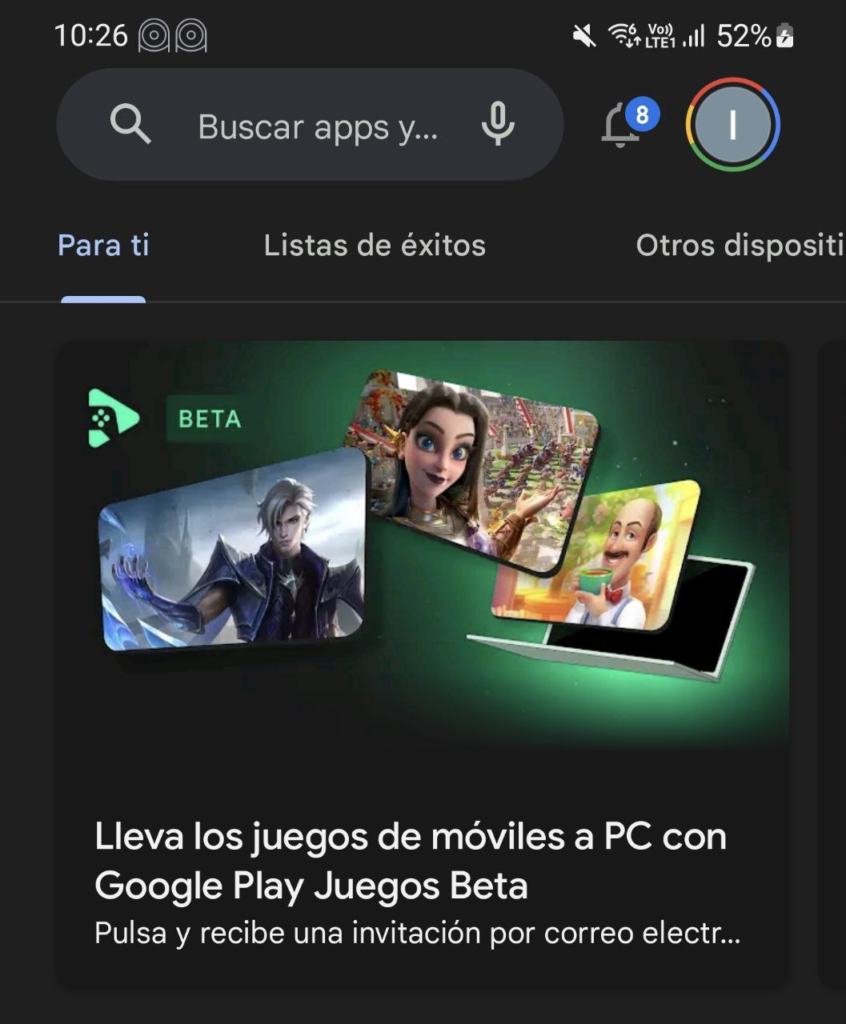 Google Play Juegos Beta banner en Store