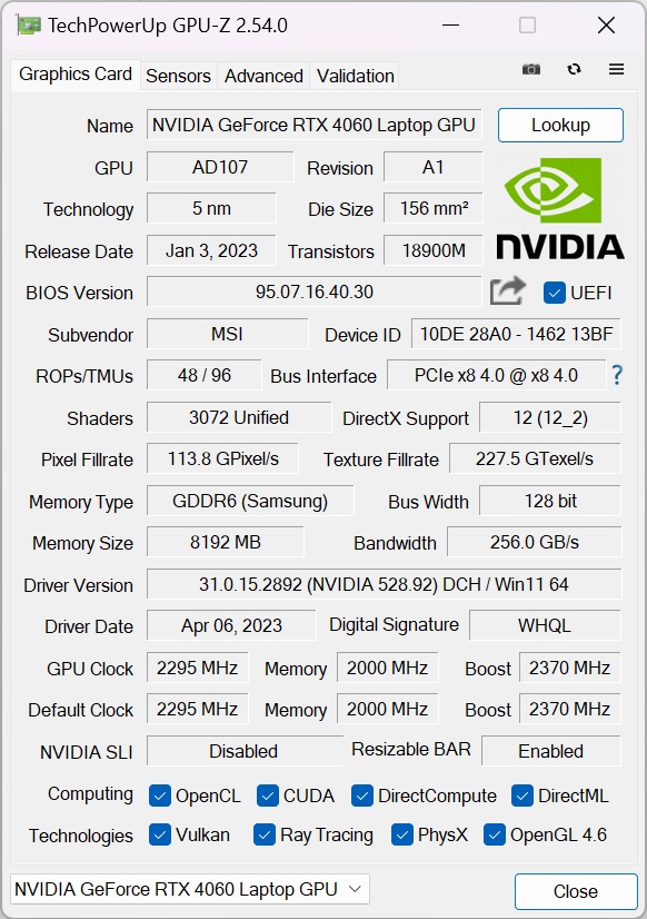 MSI Vector GP77 13V - GPU-Z 2