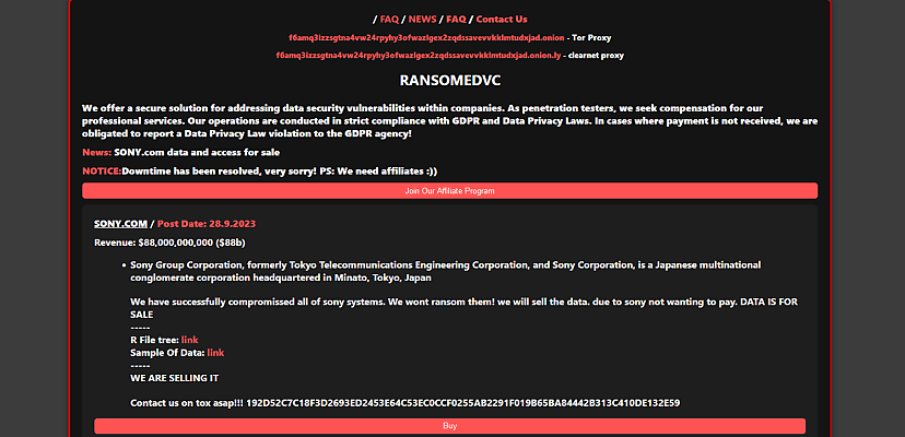 Filtración Hackeo Datos Sony Ransomed.vc
