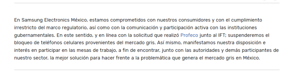 Comunicado de Samsung referente a la suspensión de medidas relacionadas con el bloqueo de móviles importados en México