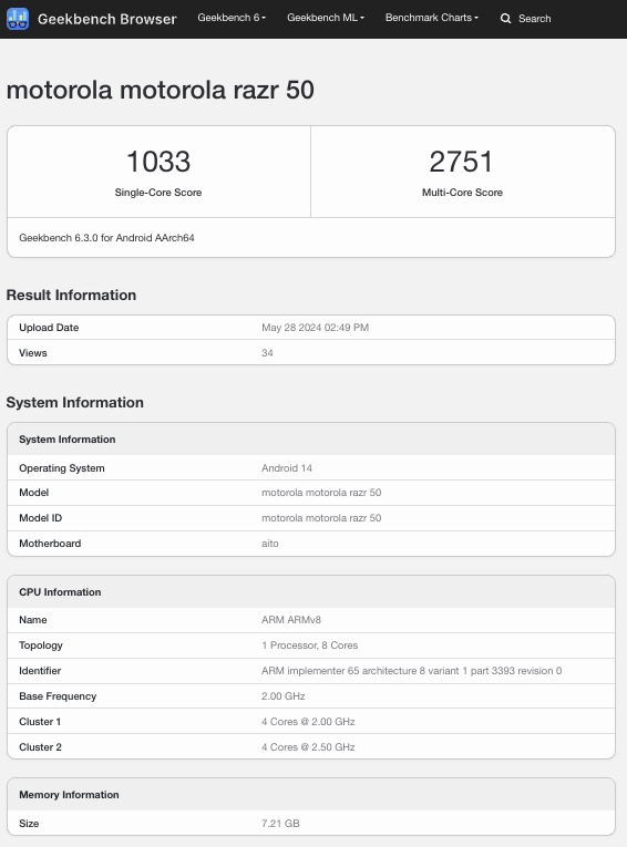 motorola razr 50 geekbench procesador