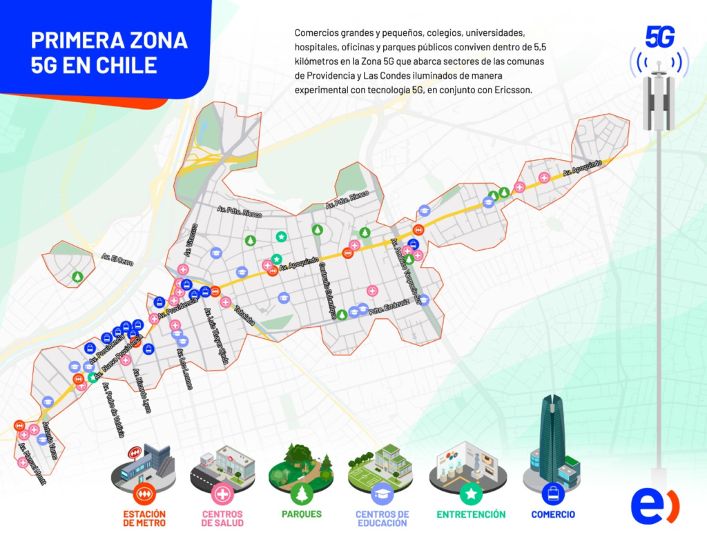 Eje de cobertura de la primera zona 5G experimental del pais en enero de 2021.