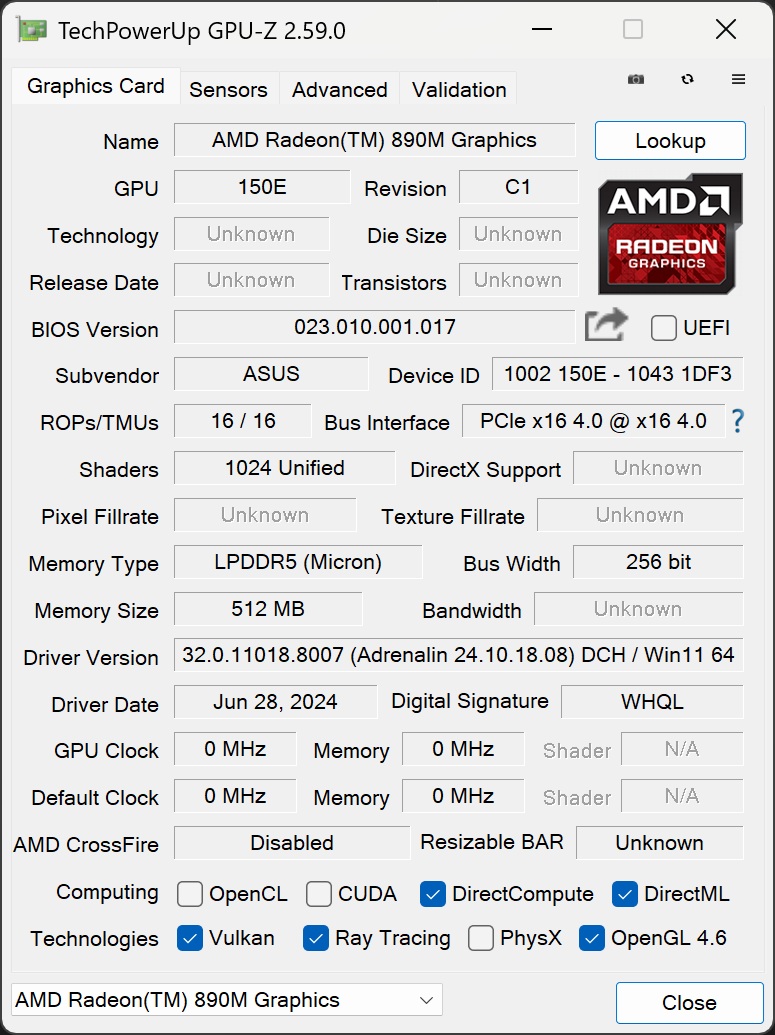 ASUS Zenbook S 16 - GPU-Z