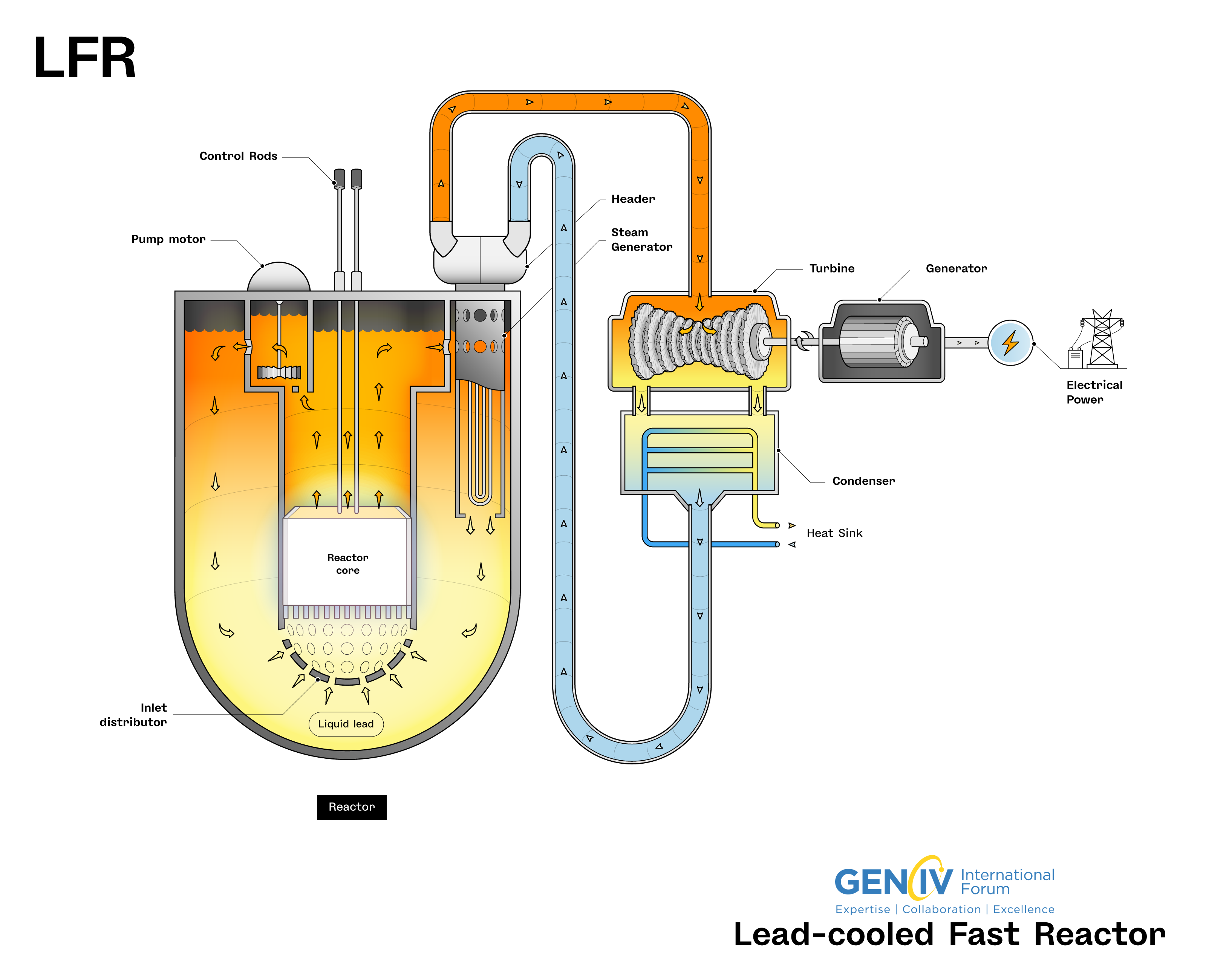 Reactor enfriado con plomo (LFR): Usa plomo o una aleación de plomo-bismuto como refrigerante. Este tipo de reactor aprovecha la alta densidad del plomo para lograr una excelente transferencia de calor y seguridad pasiva.