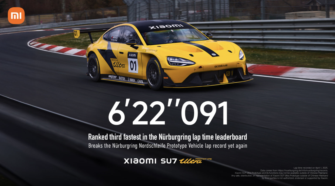 Tercer tiempo más rápido en la tabla histórica de Nürburgring. Rompe nuevamente el récord de vuelta para Vehículos Prototipo en Nürburgring Nordschleife Xiaomi SU7 Ultra Prototype