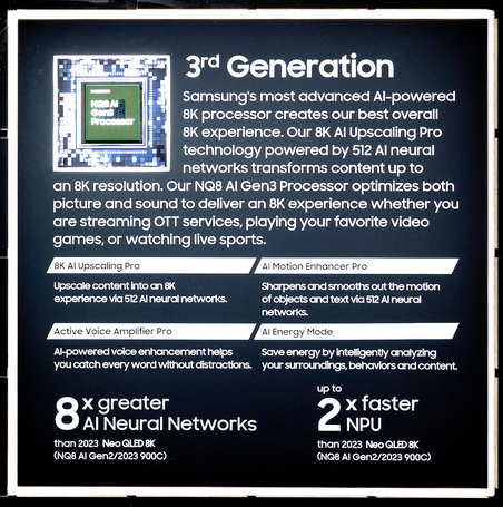 Procesador NQ8 AI Gen3: integra 512 redes neuronales y una NPU hasta dos veces más rápida para escalar contenido a 8K y optimizar imagen y sonido permite Vision AI