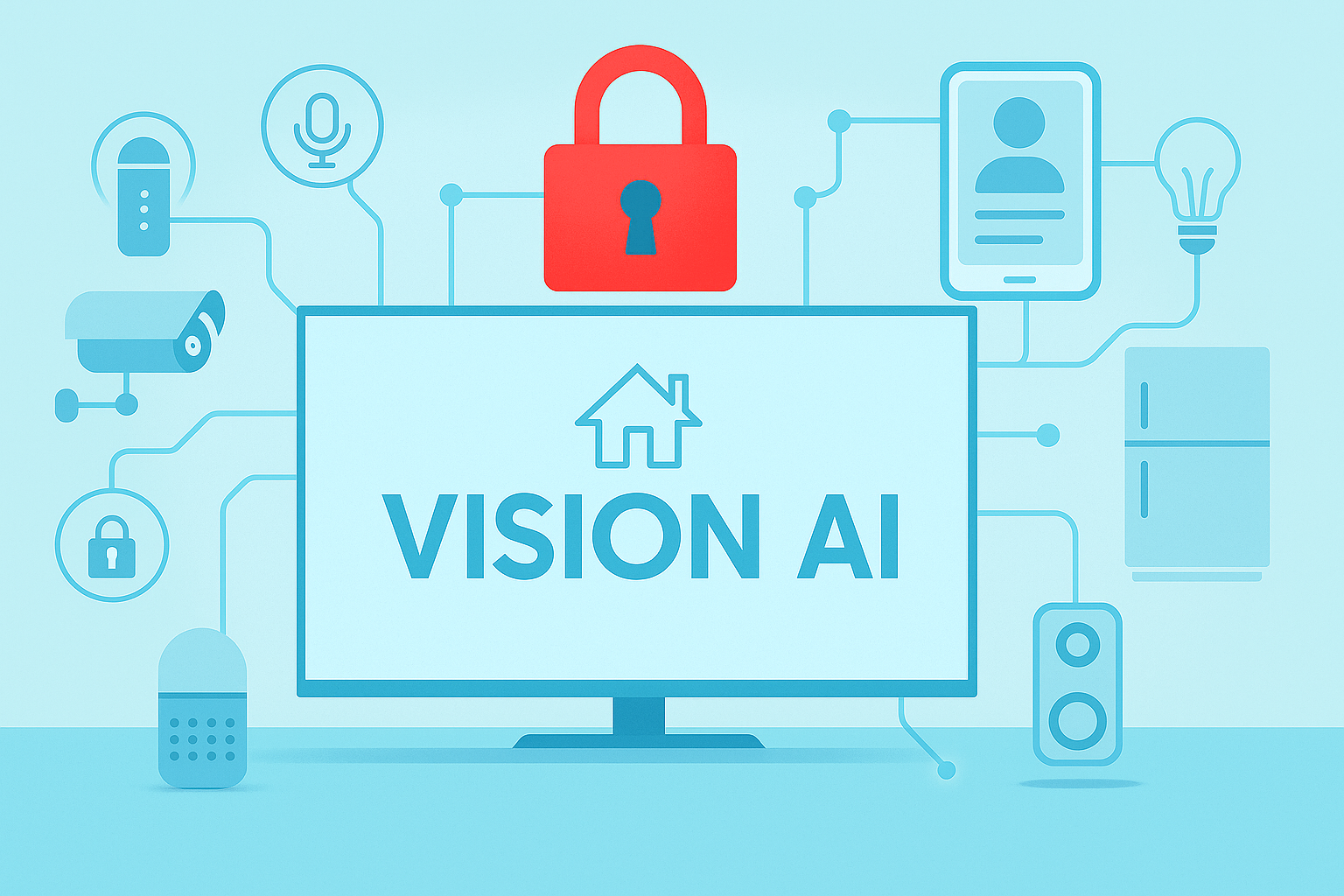 Esquema donde se muestra el TV como nodo central de la casa conectada. Vision AI propone proteger con parte de la suite empresarial de Samsung Knox.