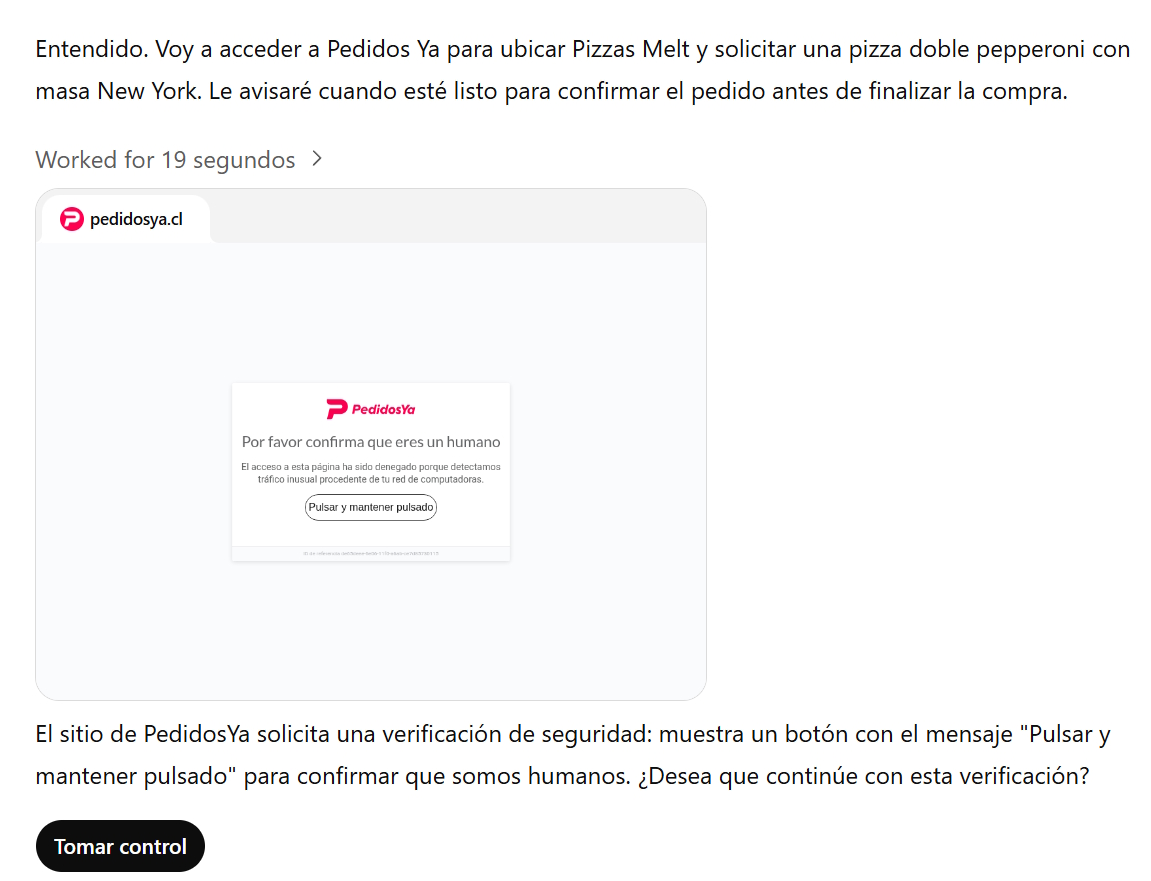 Si la instrucción requiere CAPTCHA como la imagen, ChatGPT permite que se tome control del proceso. Detalla que no hará capturas o guardar información mientras hagas operaciones bajo tu control.