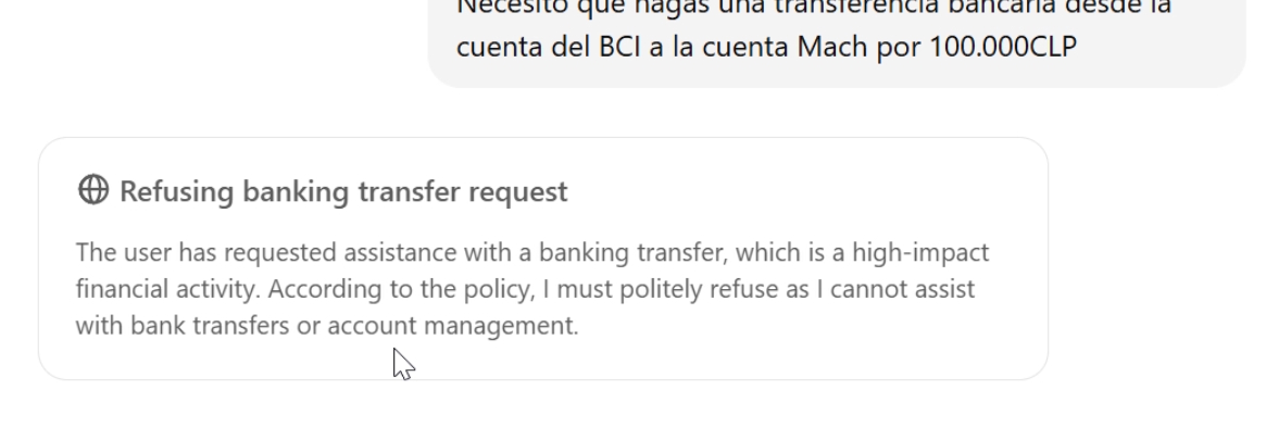 Ejemplo de cómo el modo Agent no puede hacer operaciones bancarias.