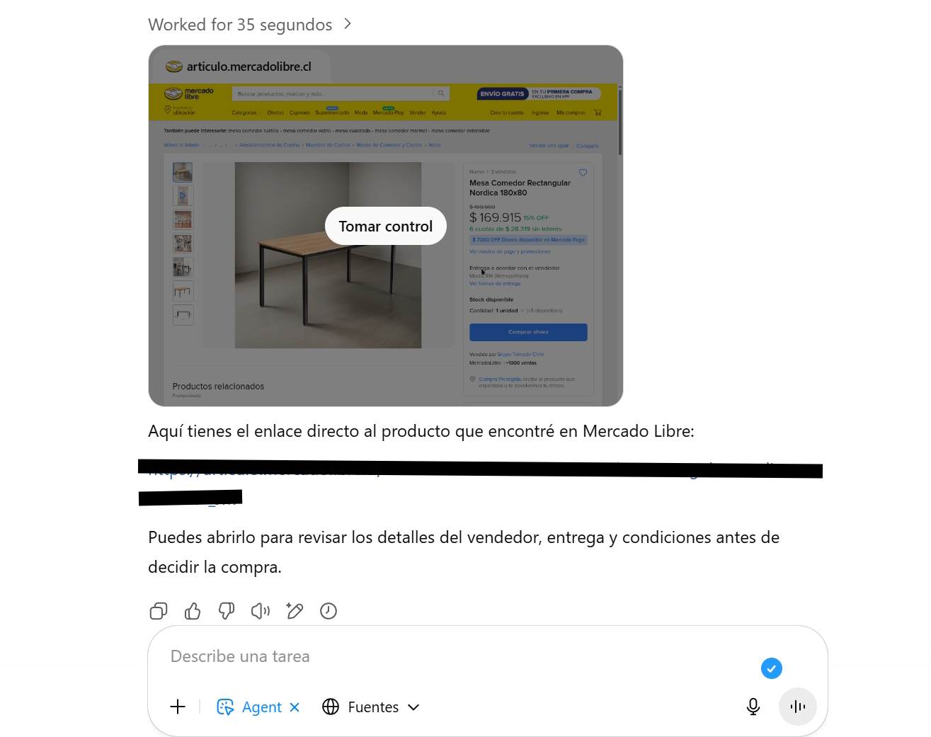 Solicitud de link y/o compra en Mercado Libre a través del modo Agent.