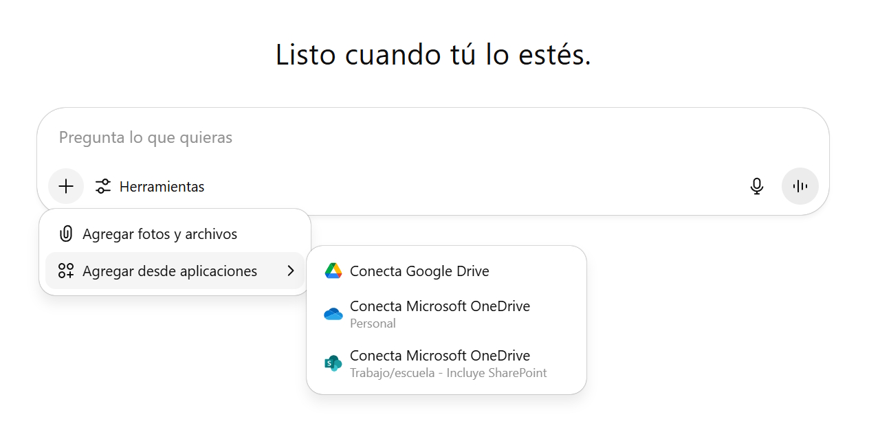 Servicios de archivos en la nube habilitados en ChatGPT: Google Drive, Onedrive personal y empresarial.