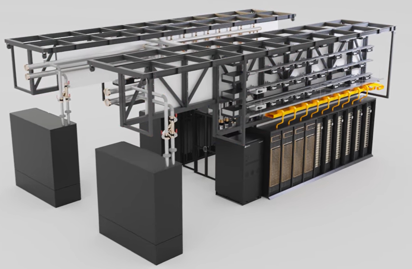 Render 3D de una infraestructura de alta densidad diseñada para la plataforma NVIDIA GB200 y escalable hacia GB300. La solución soporta una carga de 1,4 MW distribuidos en 20 racks optimizados para DGX, con capacidad para cargas de próxima generación. Su diseño modular integra Vertiv™ SmartRun, un sistema prefabricado superior que centraliza enfriamiento, distribución de energía de extremo a extremo y gestión de cableado
