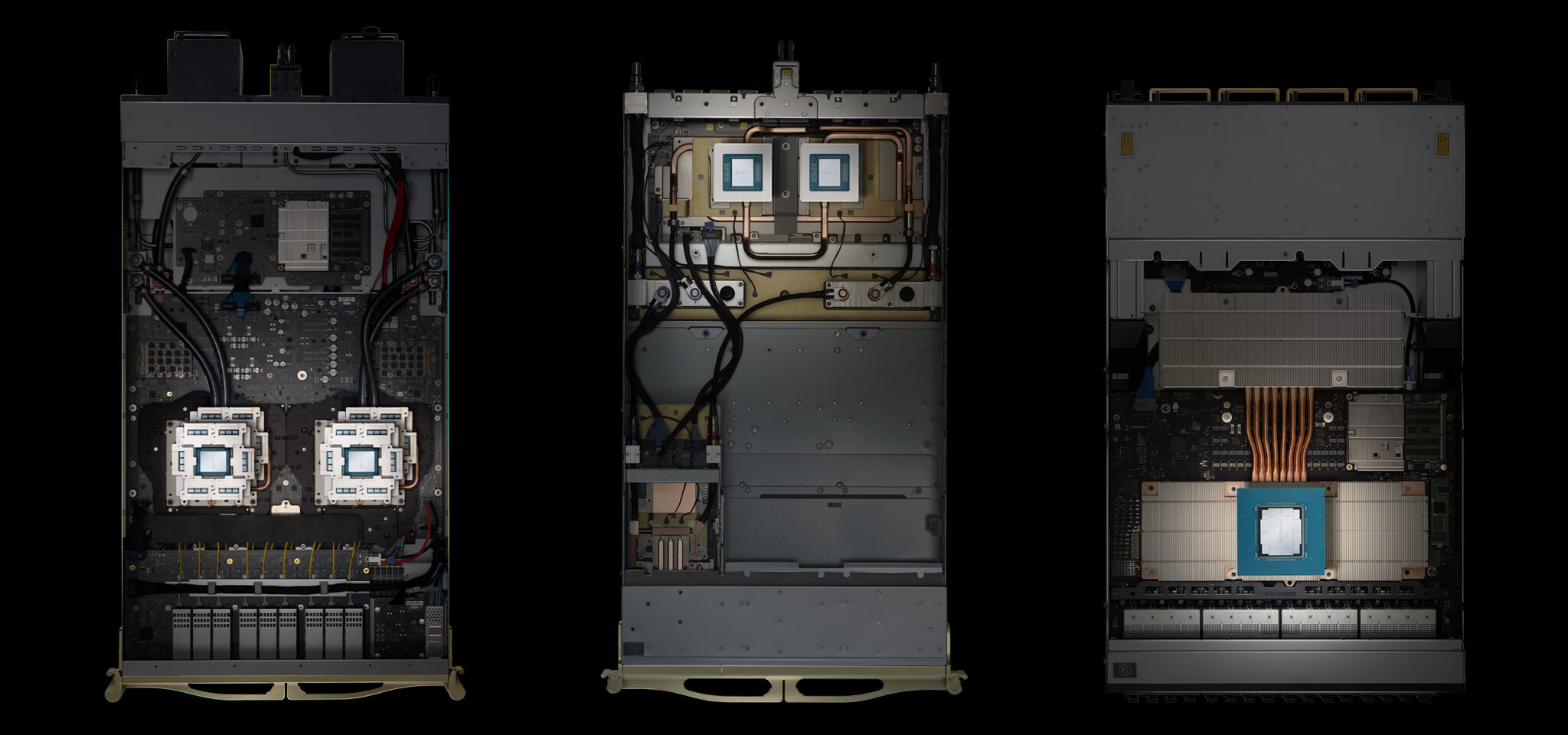 De izquierda a derecha, NVIDIA Quantum-X800 InfiniBand Switch, NVIDIA NVLink Switch y NVIDIA Spectrum-X Ethernet Switch. Estos sistemas de red permiten que múltiples racks NVL72 funcionen como una única AI Factory, con interconexión de hasta 400 Gbps por GPU. | Créditos: NVIDIA