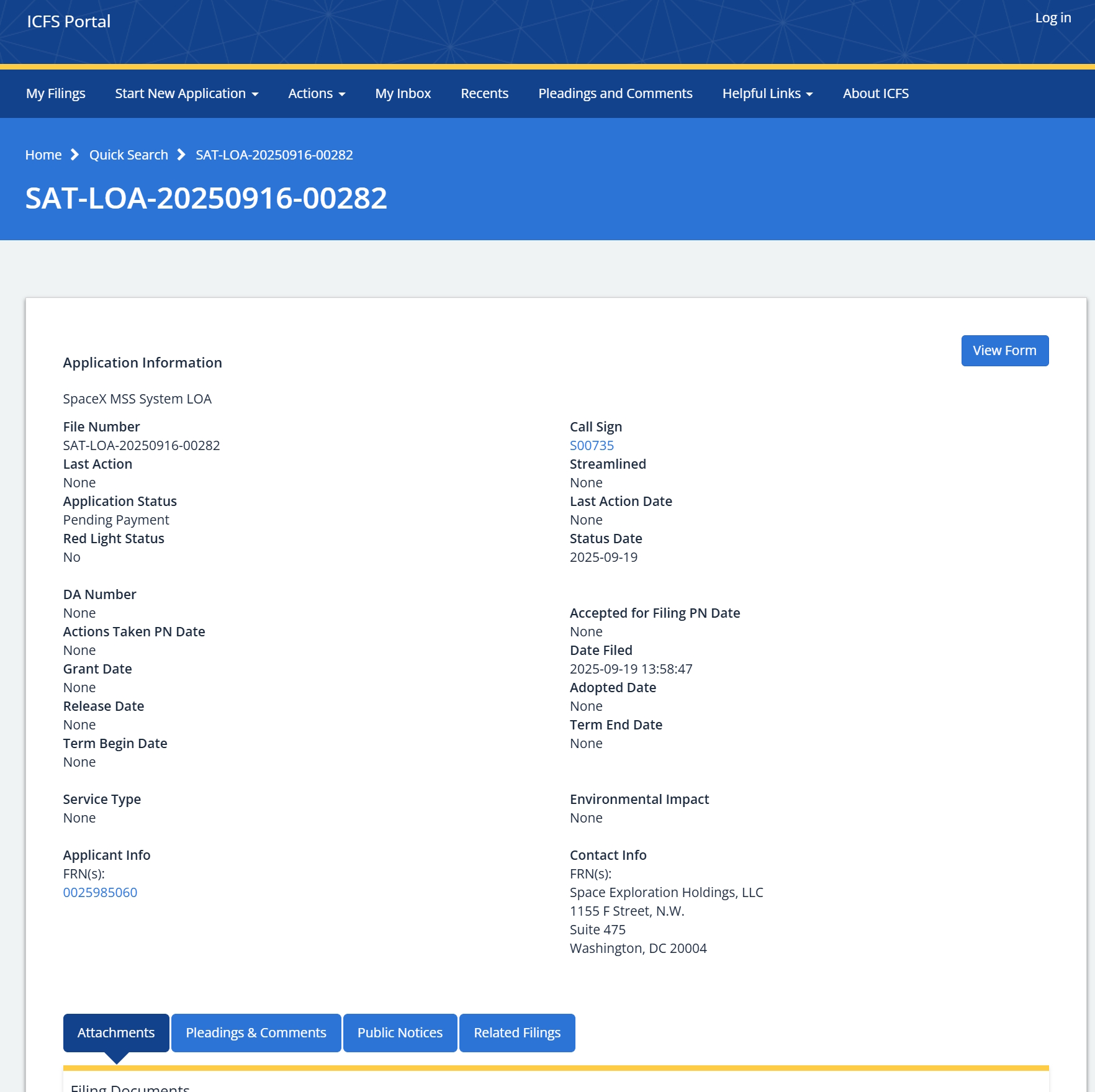 
Registro en el portal ICFS de la FCC muestra la solicitud de SpaceX para desplegar 15.000 satélites, vinculada al servicio celular Starlink. | Créditos: ICFS
