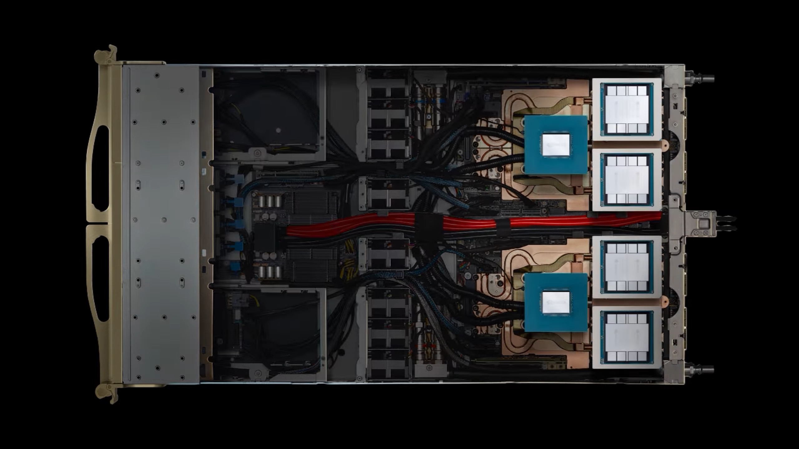 Vista interna del mismo módulo 1U del NVL72 con los superchips Grace Blackwell (GB200) expuestos. Cada módulo integra dos superchips, equivalentes a 2 CPUs Grace y 4 GPUs Blackwell. | Créditos: NVIDIA