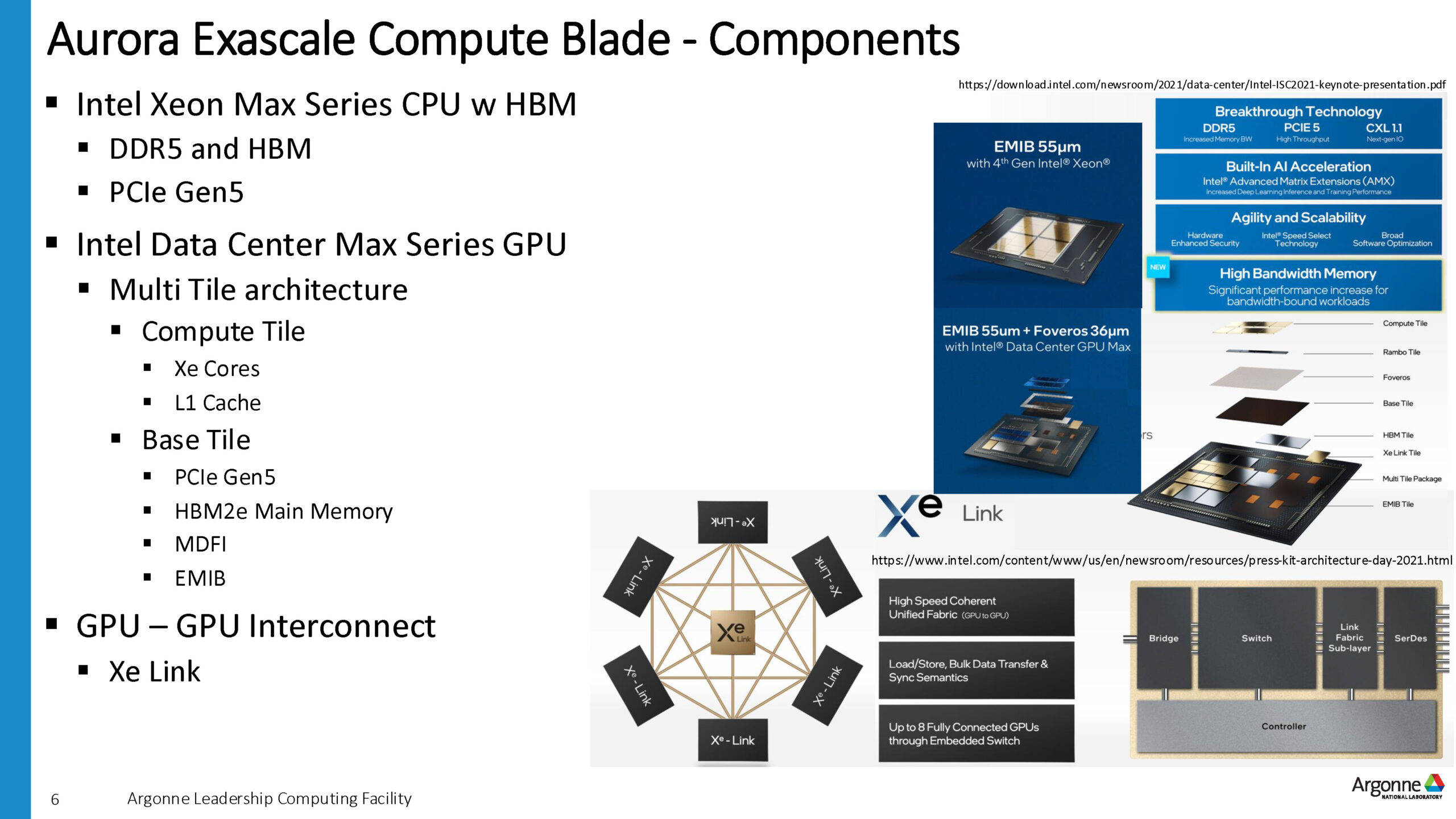 Componentes del nodo de cómputo Blade del Supercomputador Aurora, destacando tecnologías clave como la memoria HBM, la interconexión Xe Link entre GPUs y la compatibilidad con CXL 1.1 | Créditos: Argonne
