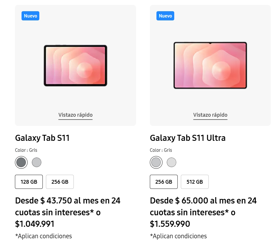 Precios de las Samsung Galaxy Tab S11 en la tienda de Samsung | Créditos: Samsung