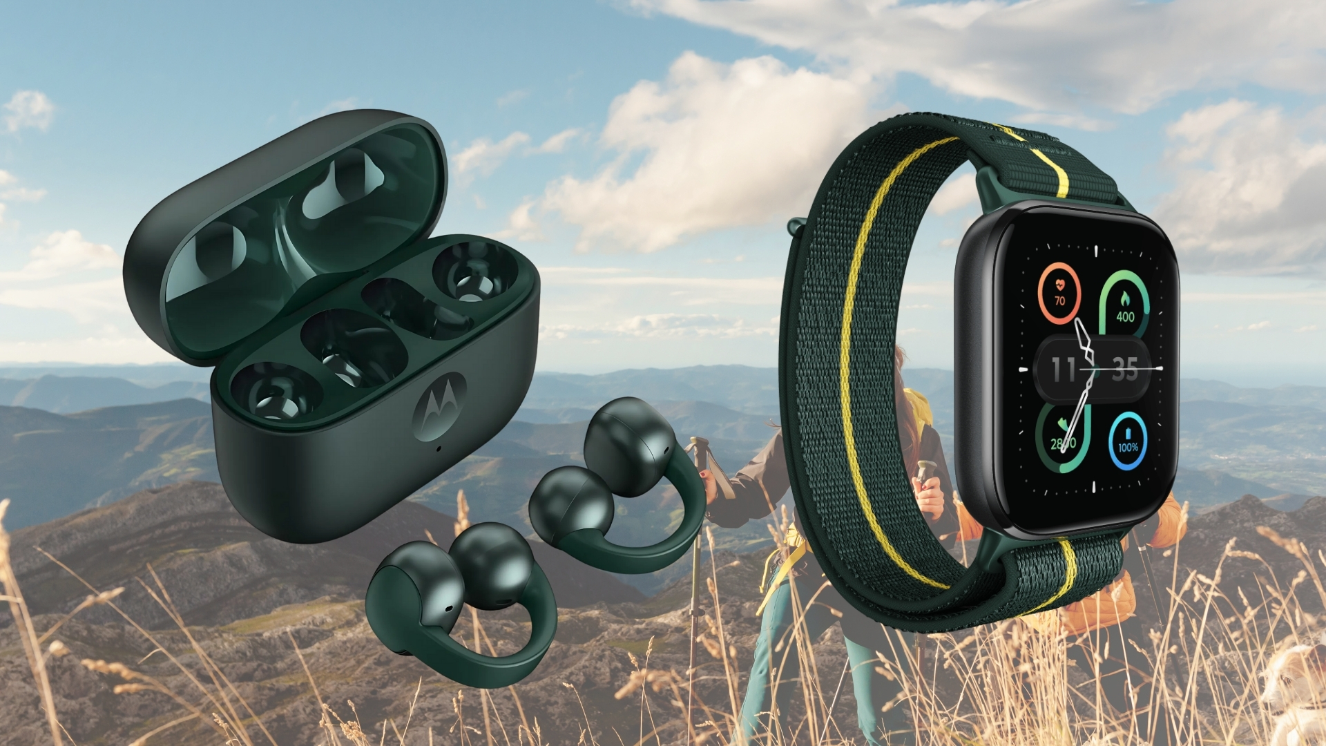 moto buds loop y moto watch fit en color Pantone Trekking Green