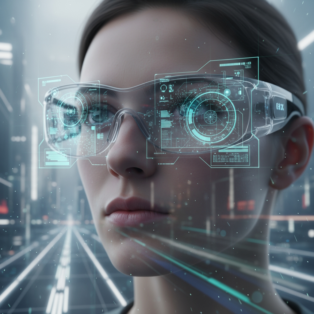 Visualización conceptual del funcionamiento óptico en gafas Android XR: los microLED proyectan datos dentro del lente mediante guías de onda, generando información flotante visible solo para el usuario. | Imagen creada con IA