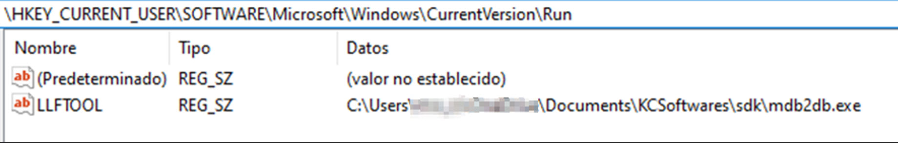 Entrada de persistencia identificada en el registro de Windows: HKEY_CURRENT_USER\Software\Microsoft\Windows\CurrentVersion\Run con valor LLFTOOL apuntando a un ejecutable en la carpeta Documents. | Créditos: Eset