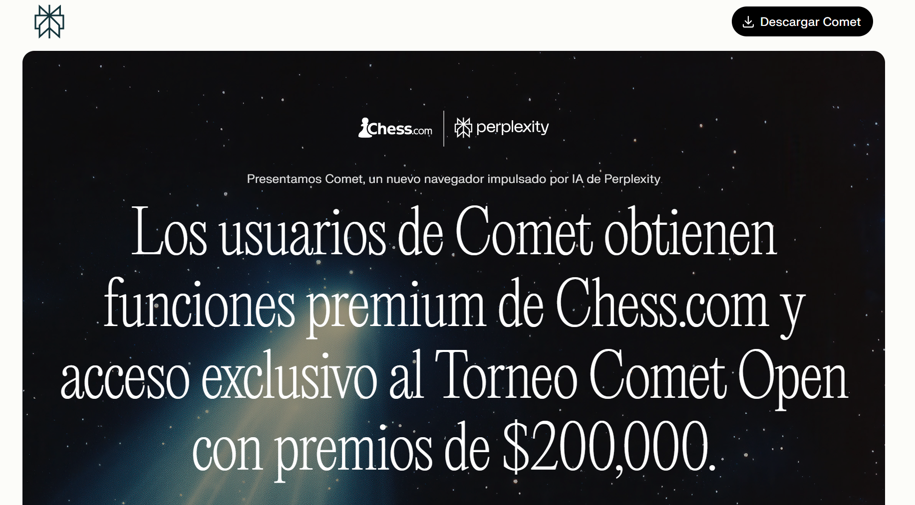 La imagen tiene un atributo ALT vacío; su nombre de archivo es image-3.png
Anuncio del acuerdo entre Chess.com y Perplexity, además acceso para descargar la navegador de la firnma de IA | Créditos: Perplexity