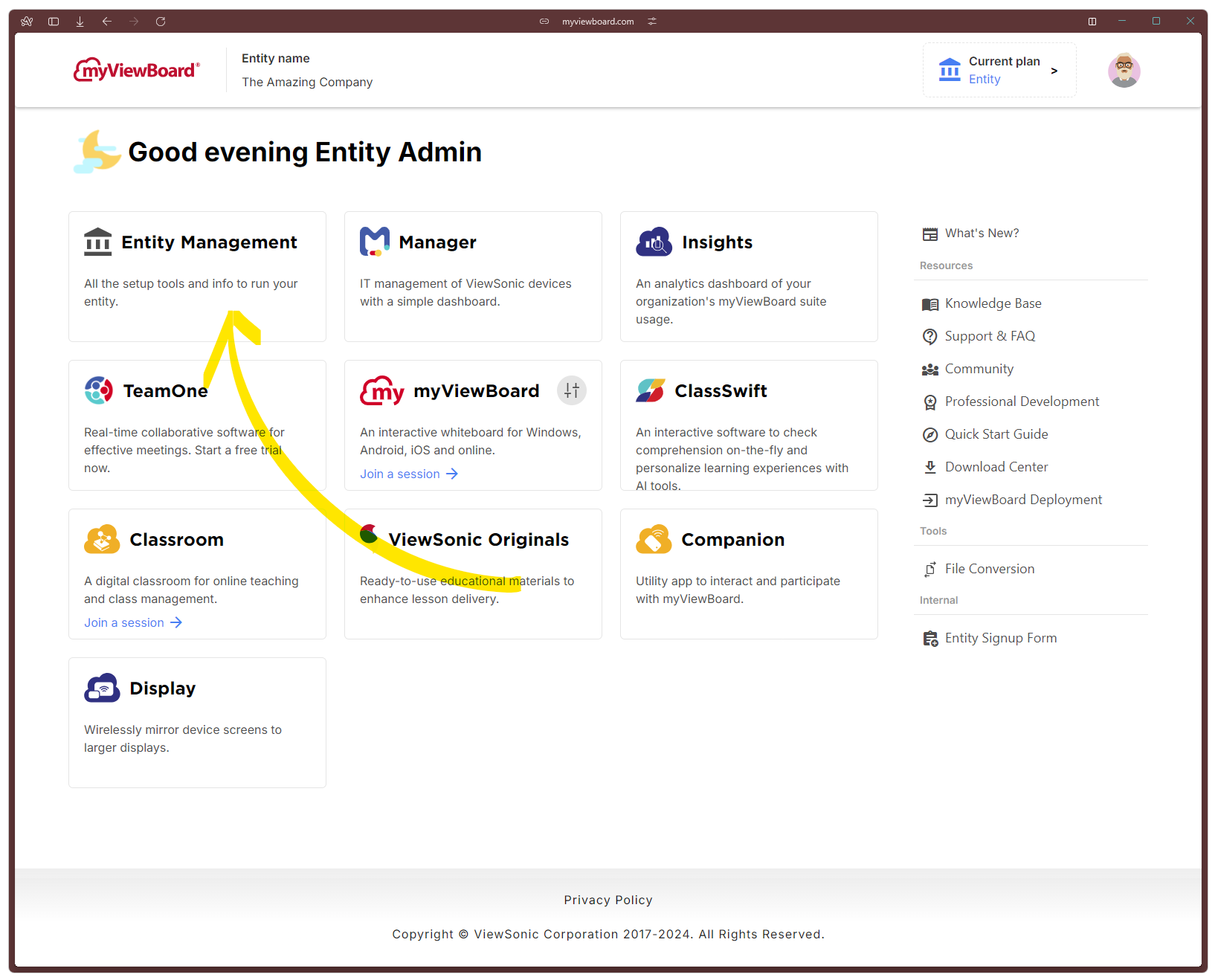 Consola de administración del Plan Entidades de myViewBoard. Desde este panel, los administradores pueden acceder a las herramientas de gestión institucional, incluyendo Entity Management, Manager e Insights, que centralizan la administración de cuentas, dispositivos y analítica de uso dentro del ecosistema ViewSonic. | Créditos: ViewSonic