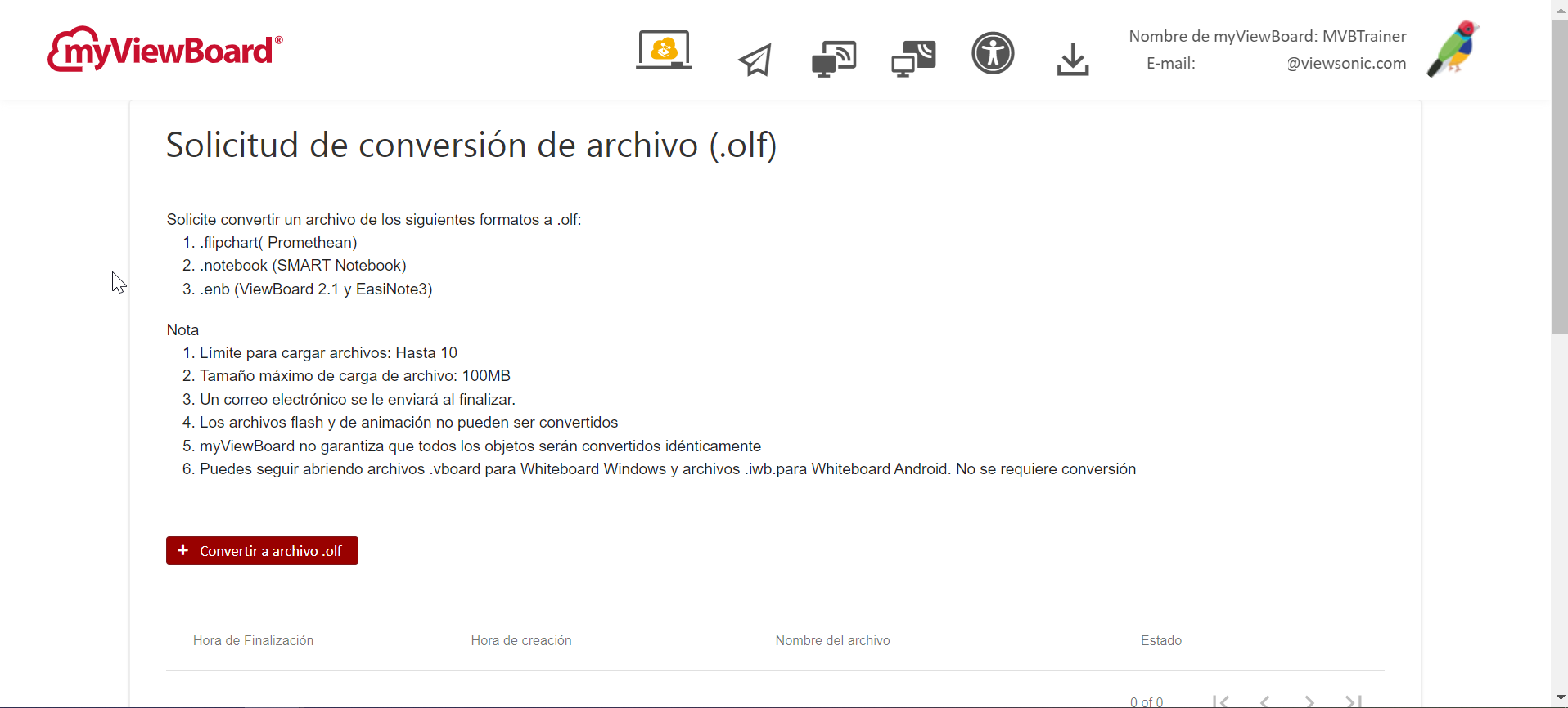 Interfaz de la herramienta “Solicitud de conversión de archivos” de myViewBoard, que permite convertir formatos de pizarra como Rotafolio, Notebook y ENB al formato propietario OLF. La página muestra los pasos y condiciones del proceso de carga y conversión de archivos. | Créditos: ViewSonic