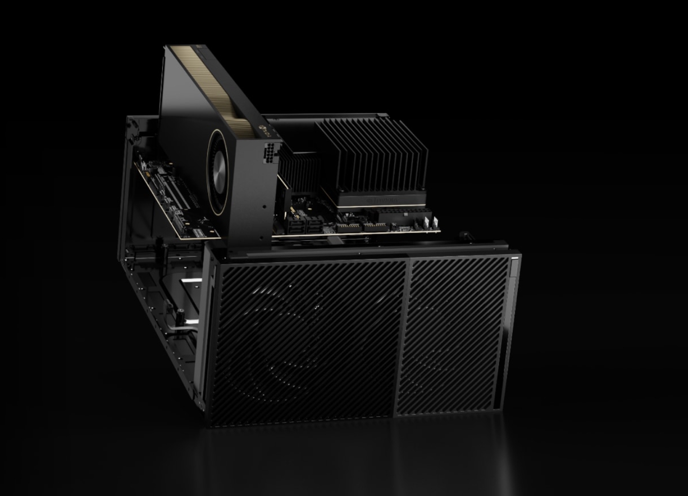 Despiece del NVIDIA IGX T7000 board kit, un sistema de formato más grande con placa base modular y GPU Blackwell discreta de alto rendimiento, diseñado para aplicaciones industriales complejas. | Crédtidos: NVIDIA