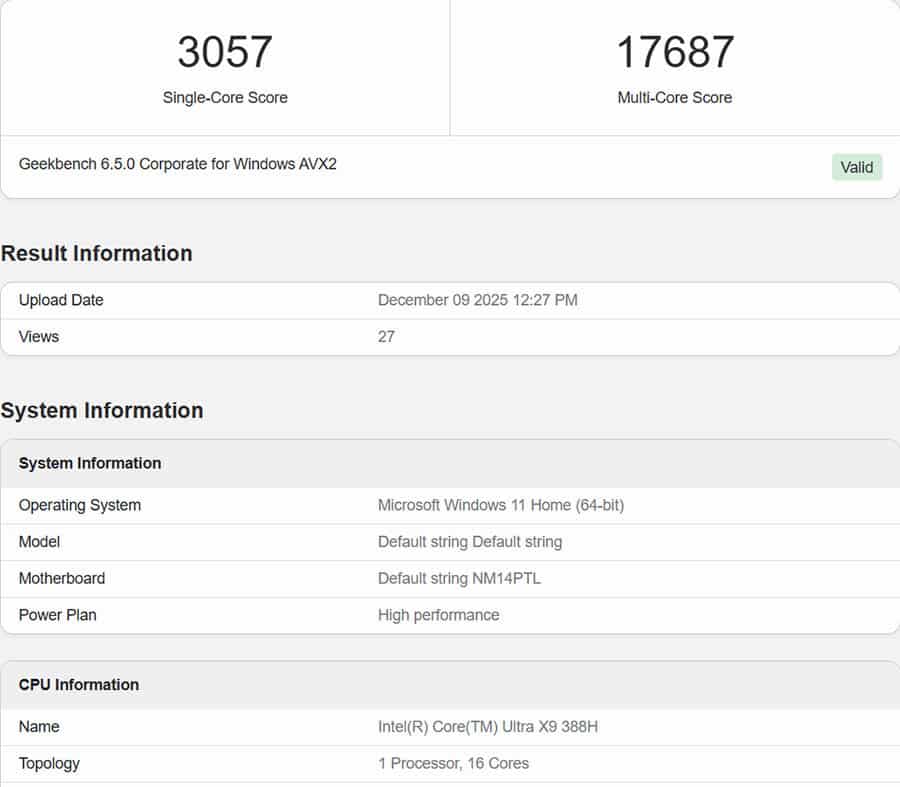 GeekBench 6 de Intel Core Ultra X9 388H foto 1