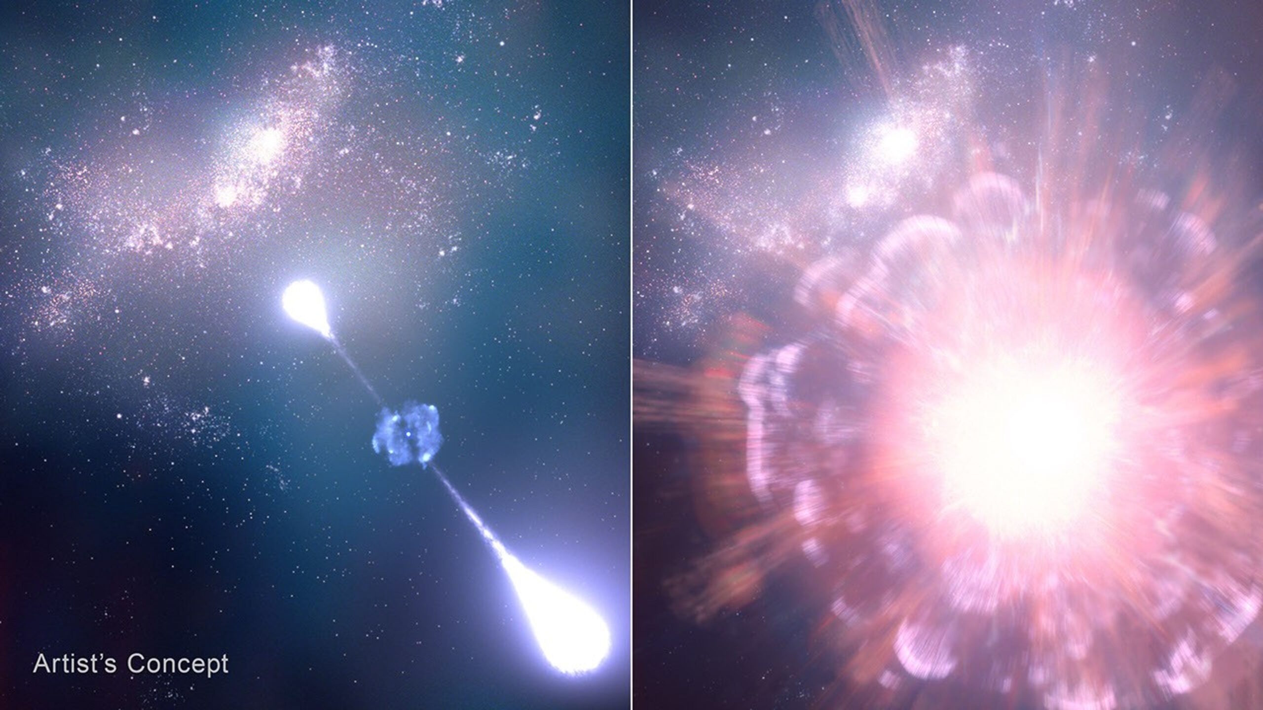 Evolución morfológica de la supernova GRB 250314A. La ilustración artística representa la progresión del estallido desde su detonación inicial hasta su expansión meses después, funcionando como una secuencia en cámara lenta que revela la dispersión de materia en el vacío absoluto. | Créditos: NASA