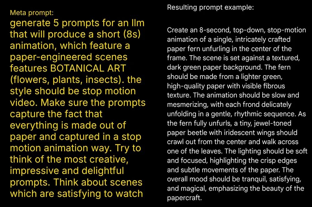 Ejemplo del meta-prompt de Anna (texto amarillo a la izquierda) y el prompt detallado generado por la IA  a la derecha | Créditos: Google