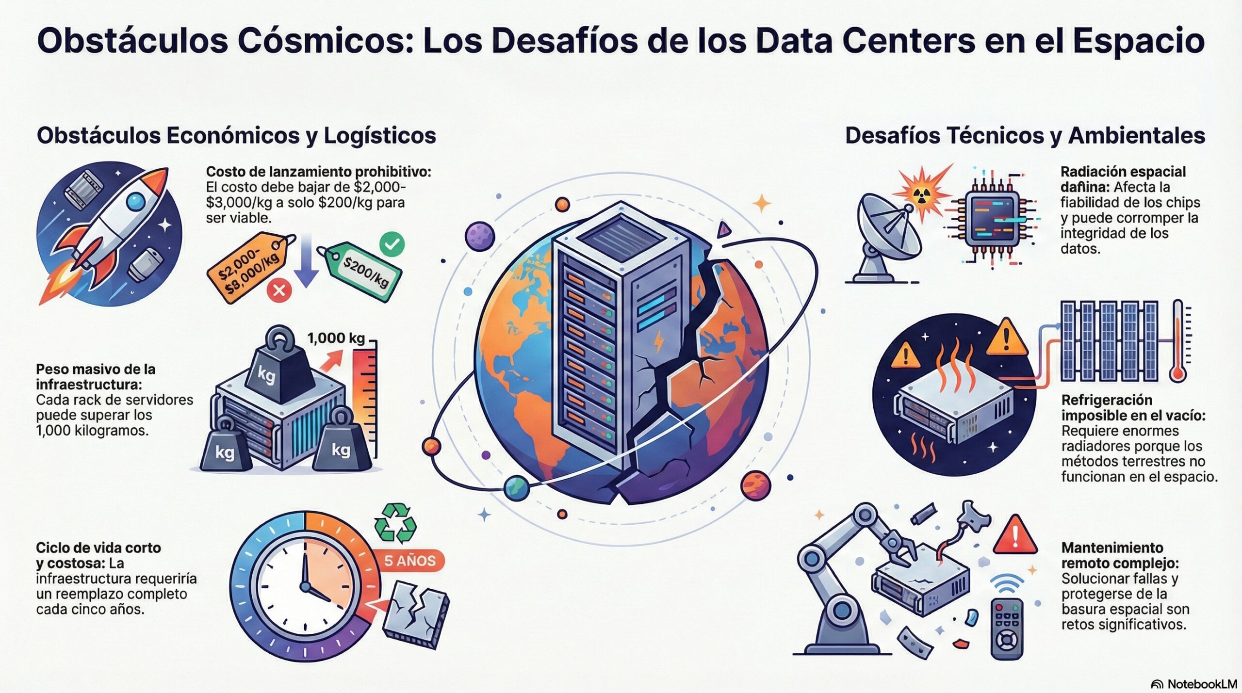 Infografía sobre los obstáculos de la construcción y operación de los data centers en el espacio, basado en las en artículo del New York Times | Creado con NotebookLM