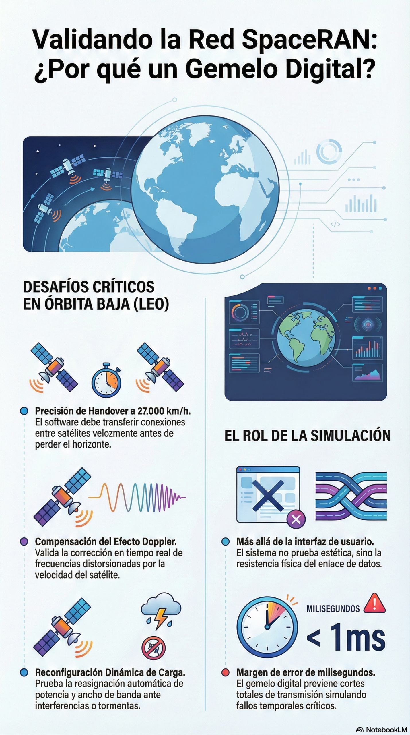 Infografía de la validación de la red SpaceRAN de Airbus por medio de gemelos digitales | Creada con NotebookLM